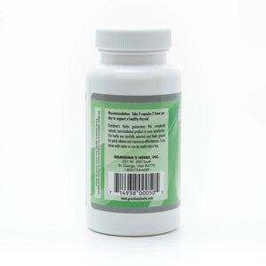Herbal thyroid supplement from Grandma's Herbs, featuring natural ingredients in a clear bottle with labels and herbal packaging.