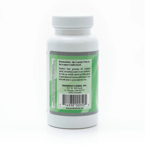Herbal thyroid supplement from Grandma's Herbs, featuring natural ingredients in a clear bottle with labels and herbal packaging.