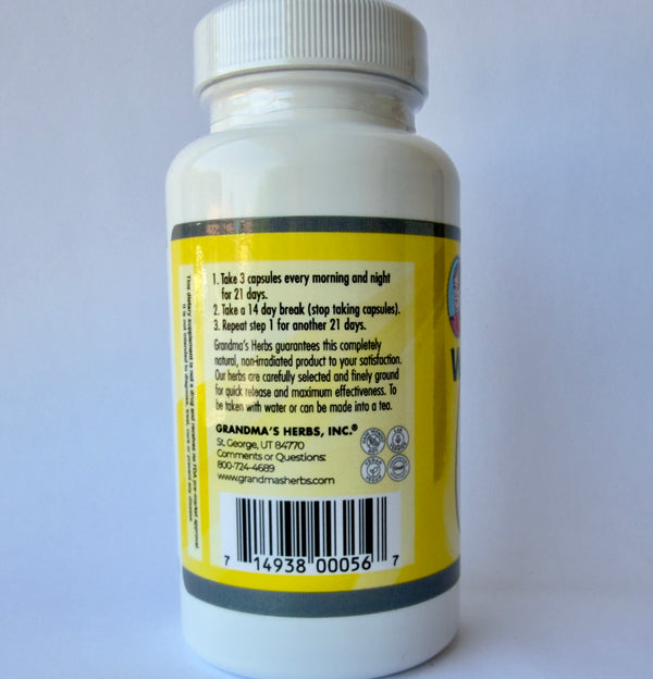 Herbal Wormwood Cleanse supplement by Grandma's Herbs, featuring dried wormwood herbs in a natural herbal product package.